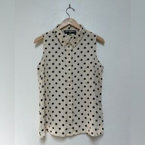 Karl Lagerfeld Sheer Black Polka Dot Sleeveless Button Down Blouse with Pearls